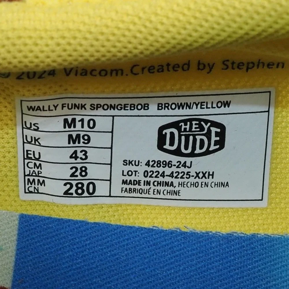Hey Dude Wally Funk Spongebob Squarepants Yellow Brown Men's 10 Shoes NEW
